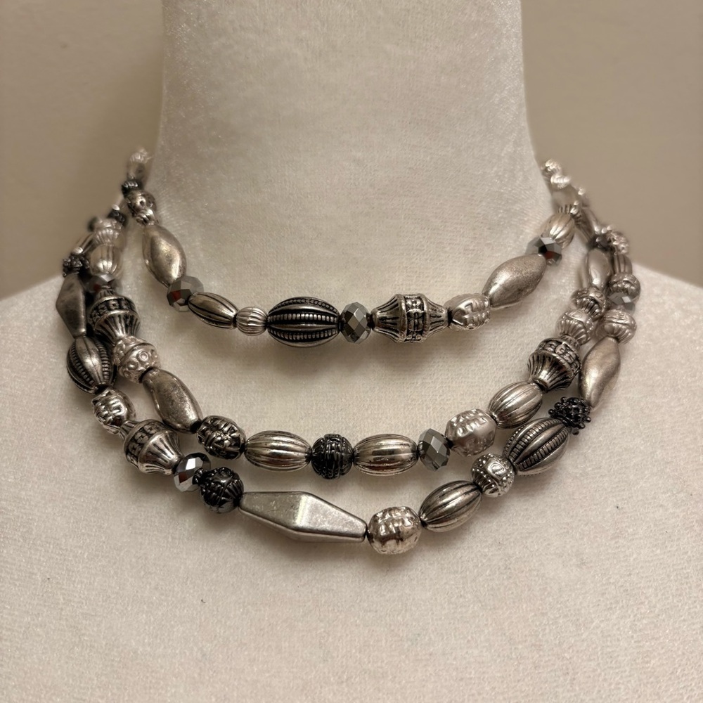 Vintage Silver-Tone Multi-Strand Beaded Necklace, Boho Choker Layered Necklace